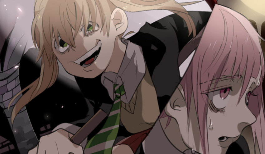 1girl, 1other, ambiguous_gender, androgynous, blonde_hair, cardigan, collared_shirt, crazy_smile, crona_(soul_eater), green_eyes, green_necktie, indoors, maka_albarn, momomosae, necktie, pink_eyes, pink_hair, shirt, smile, soul_eater, striped_clothes, striped_necktie, sweat, twintails, white_shirt