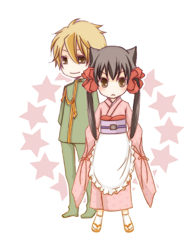 1boy, 1girl, :<, agemaki_kei, aiguillette, animal_ears, apron, asa_no_ha_(pattern)