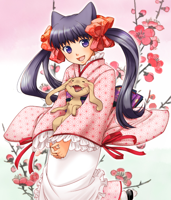 1girl, animal_ears, asa_no_ha_(pattern), black_hair, blush, bow, cherry_blossoms, closed_eyes
