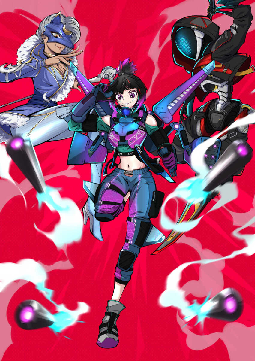 3girls, animification, apex_legends, aqua_jacket, ash_(titanfall_2), black_hair, black_jacket, blue_footwear, blue_jacket, blue_pants, blurry, blurry_foreground, boots, brown_eyes, clothing_cutout, colored_tips, cropped_jacket, dark-skinned_female, dark_skin, fluorescent_tech_valkyrie, fur-trimmed_jacket, fur_trim, grey_footwear, grey_hair, grey_pants, high_heel_boots, high_heels, highres, holding, holding_sword, holding_weapon, humanoid_robot, jacket, jetpack, loba_(apex_legends), lunar_wolf_loba, midriff, missile, multicolored_hair, multiple_girls, navel, ocha2_22, official_alternate_costume, open_mouth, pants, parted_lips, ponytail, project_19_ash, purple_eyes, purple_hair, robot, shoulder_cutout, simulacrum_(titanfall), smile, streetwear, sweatpants, sword, v-shaped_eyebrows, valkyrie_(apex_legends), weapon, wolf_mask