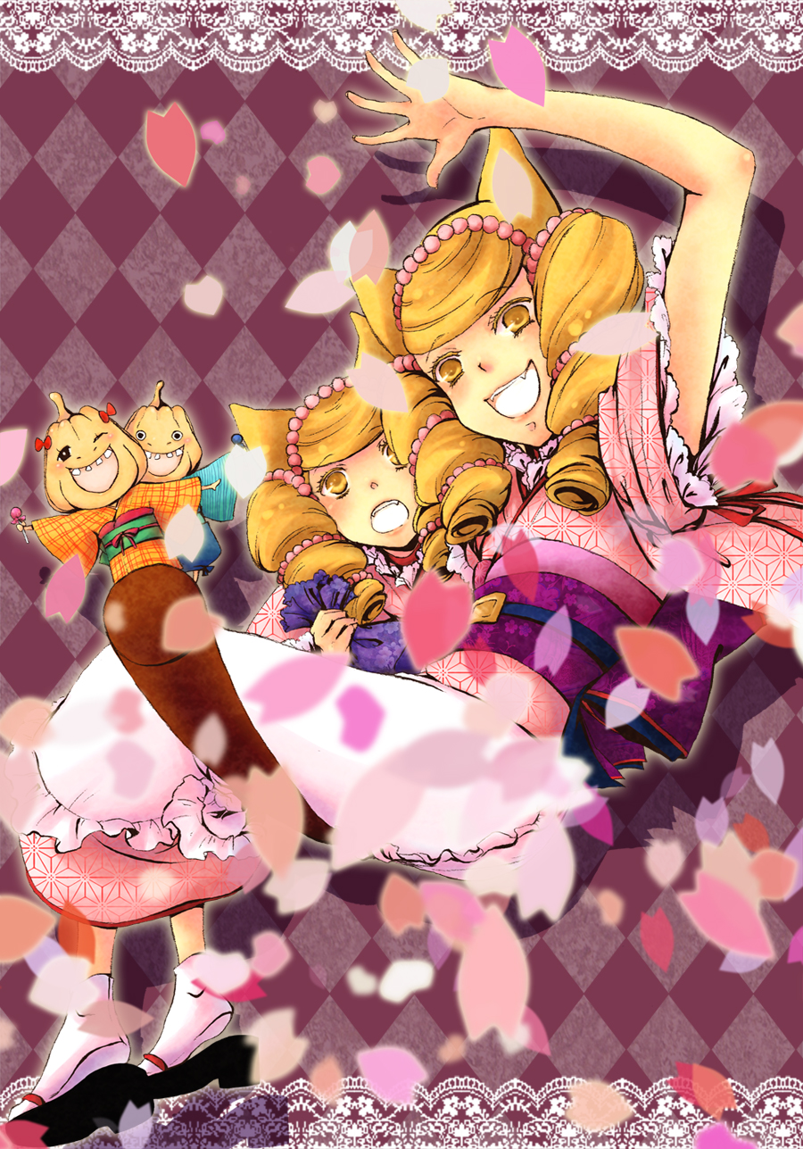 4girls, animal_ears, asa_no_ha_(pattern), beads, blonde_hair, bonbori_(otome_youkai_zakuro), broom, drill_hair