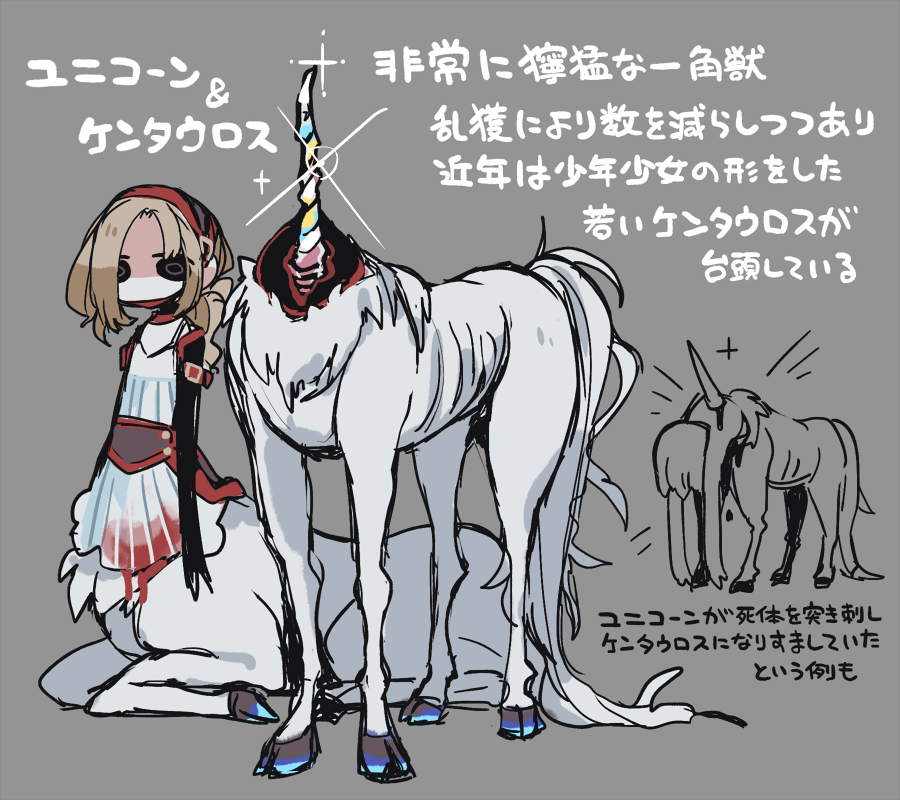 1girl, black_eyes, blonde_hair, blood, centaur, character_profile, corpse, dress, grey_background, hairband, hooves, horns, karasuuri_(catamari_va), monster, monster_girl, open_mouth, original, simple_background, single_horn, sparkle, taur, translation_request, unicorn, white_dress