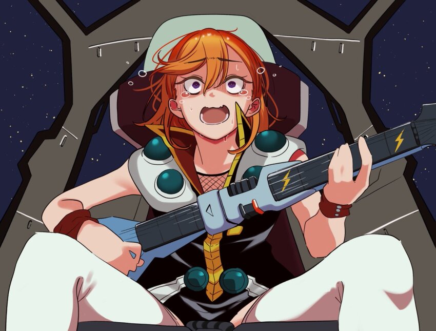 1girl, birthday, cockpit, commentary, cosplay, crossover, fishnets, guitar