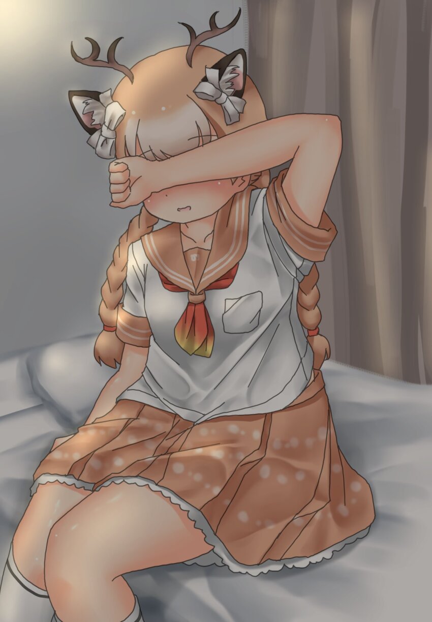 1girl, animal_ears, antlers, blush, bow, braid, brown_skirt, brown_trim