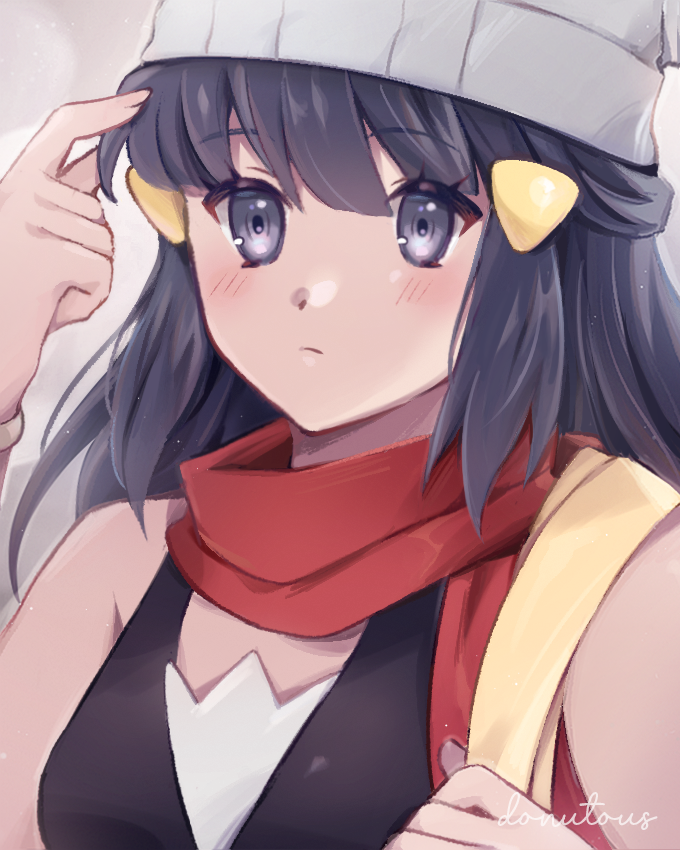 1girl, beanie, black_hair, black_shirt, blush, closed_mouth, commentary_request, dawn_(pokemon)