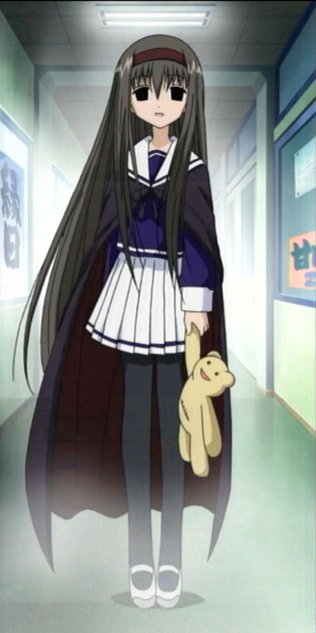 00s, 1girl, anime_screenshot, black_eyes, black_hair, buchou, cape, empty_eyes, female_focus, hairband, hallway, headband, highres, holding, holding_stuffed_toy, interior, long_hair, mahoraba, mary_janes, pantyhose, pleated_skirt, sailor, school_uniform, serafuku, shoes, skirt, solo, stuffed_animal, stuffed_toy, teddy_bear, very_long_hair