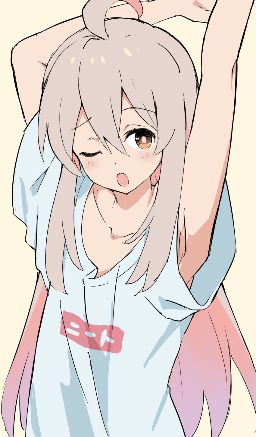 1girl, absurdres, ahoge, armpit_peek, armpits, arms_up, as_buppa, blue_shirt