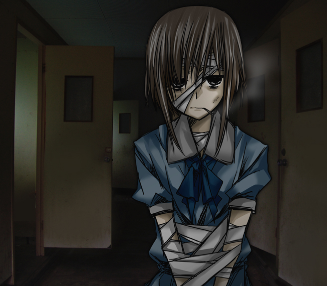 1girl, bad_id, bad_pixiv_id, bandages, brown_eyes, brown_hair, bruise, cigarette