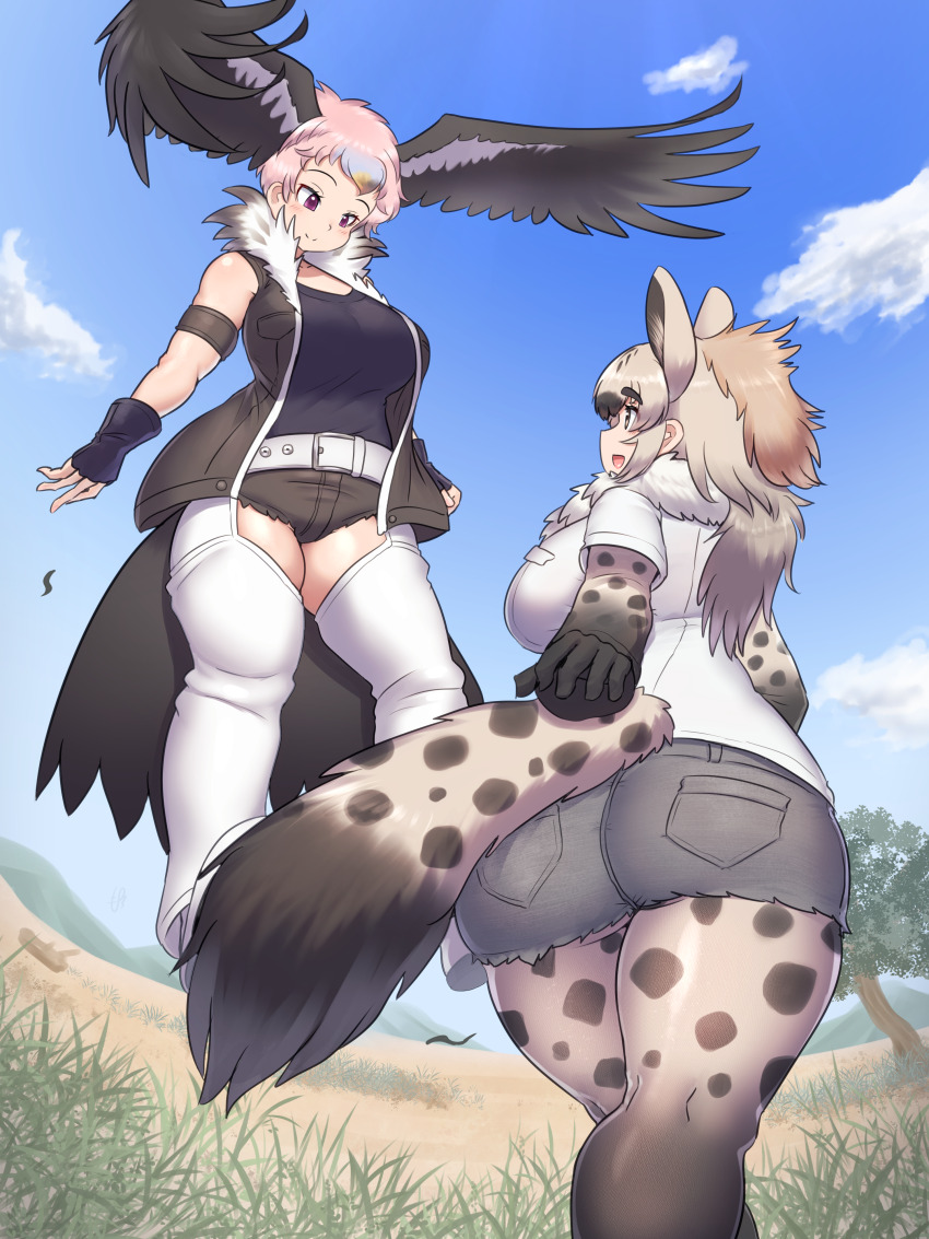 2girls, absurdres, animal_ears, animal_print, armband, arms_at_sides, ass, bare_shoulders, belt, bird_girl, bird_tail, bird_wings, black_hair, blonde_hair, blue_sky, blush, bodystocking, breast_pocket, breasts, brown_hair, chaps, closed_mouth, collared_vest, commentary_request, curvy, cutoffs, day, denim, denim_shorts, extra_ears, fingerless_gloves, fisheye, floating, fur_collar, fur_scarf, gloves, grey_hair, hair_between_eyes, head_wings, highres, hyena_ears, hyena_girl, hyena_tail, kemono_friends, lappet-faced_vulture_(kemono_friends), large_breasts, layered_sleeves, long_hair, long_sleeves, looking_at_another, mo23, multicolored_hair, multiple_girls, open_clothes, open_mouth, open_vest, outdoors, pink_hair, pocket, print_sleeves, savannah, scarf, shirt, shirt_tucked_in, shoes, short_hair, short_over_long_sleeves, short_shorts, short_sleeves, shorts, skindentation, sky, sleeveless, sleeveless_shirt, smile, spotted_hyena_(kemono_friends), tail, thighs, twisted_torso, underbutt, vest, walking, wings