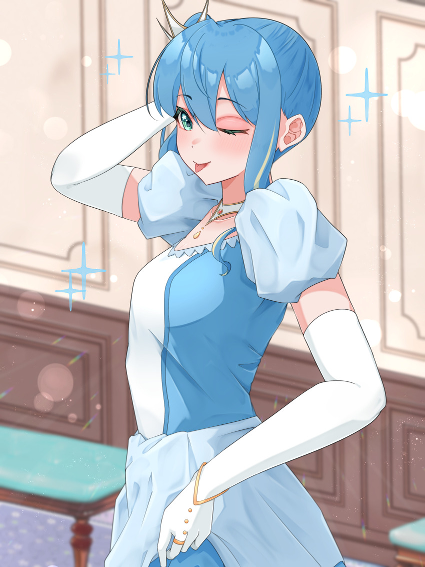 1girl, ;p, absurdres, aqua_eyes, bibbidiba_(hololive), blue_dress, blue_eyes, blue_hair