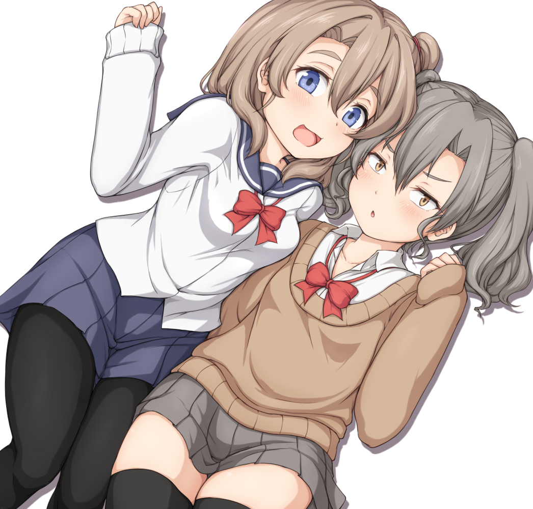 2girls, black_pantyhose, black_thighhighs, blue_eyes, blue_sailor_collar, blue_skirt, blush, bow, bowtie, breasts, brown_sweater, cousins, dot_nose, embarrassed, eyebrows, eyelashes, feet_out_of_frame, female_focus, grey_hair, grey_skirt, haty, jiisan_baasan_wakagaeru, light_brown_hair, long_sleeves, looking_at_viewer, medium_hair, multiple_girls, open_mouth, pantyhose, petite, ponytail, red_bow, sailor_collar, saitou_mino, saitou_shiori_(jiisan_baasan_wakagaeru), school_uniform, shirt, side_ponytail, simple_background, sitting, skirt, small_breasts, sweater, thighhighs, twintails, white_background, white_shirt, yellow_eyes