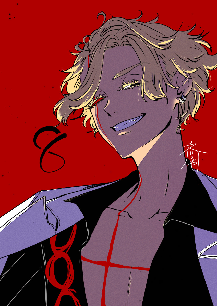 1boy, absurdres, ashidoya, black_eyes, blonde_hair, earrings, glint, grin