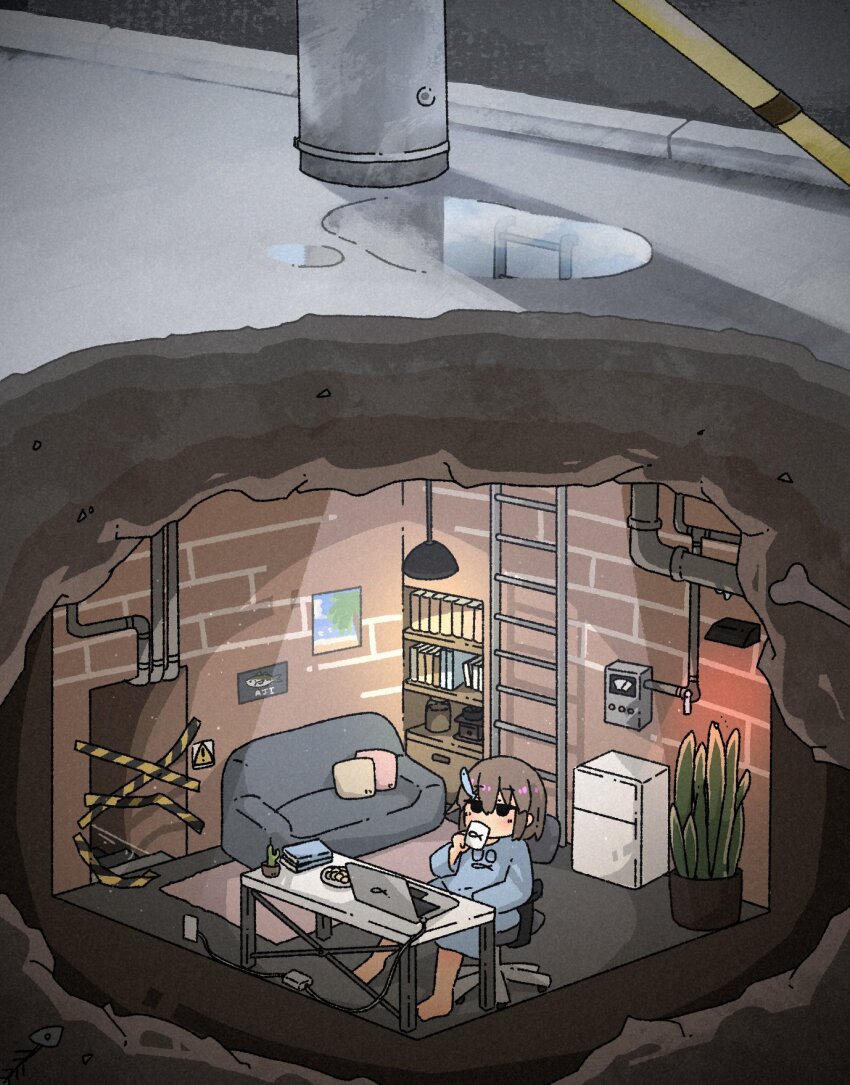 1girl, barefoot, blue_shirt, book, brown_hair, cabinet, caution_tape, computer