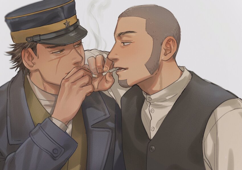2boys, blue_coat, brown_hair, coat, golden_kamuy, grey_eyes, grey_hair, grey_sweater_vest