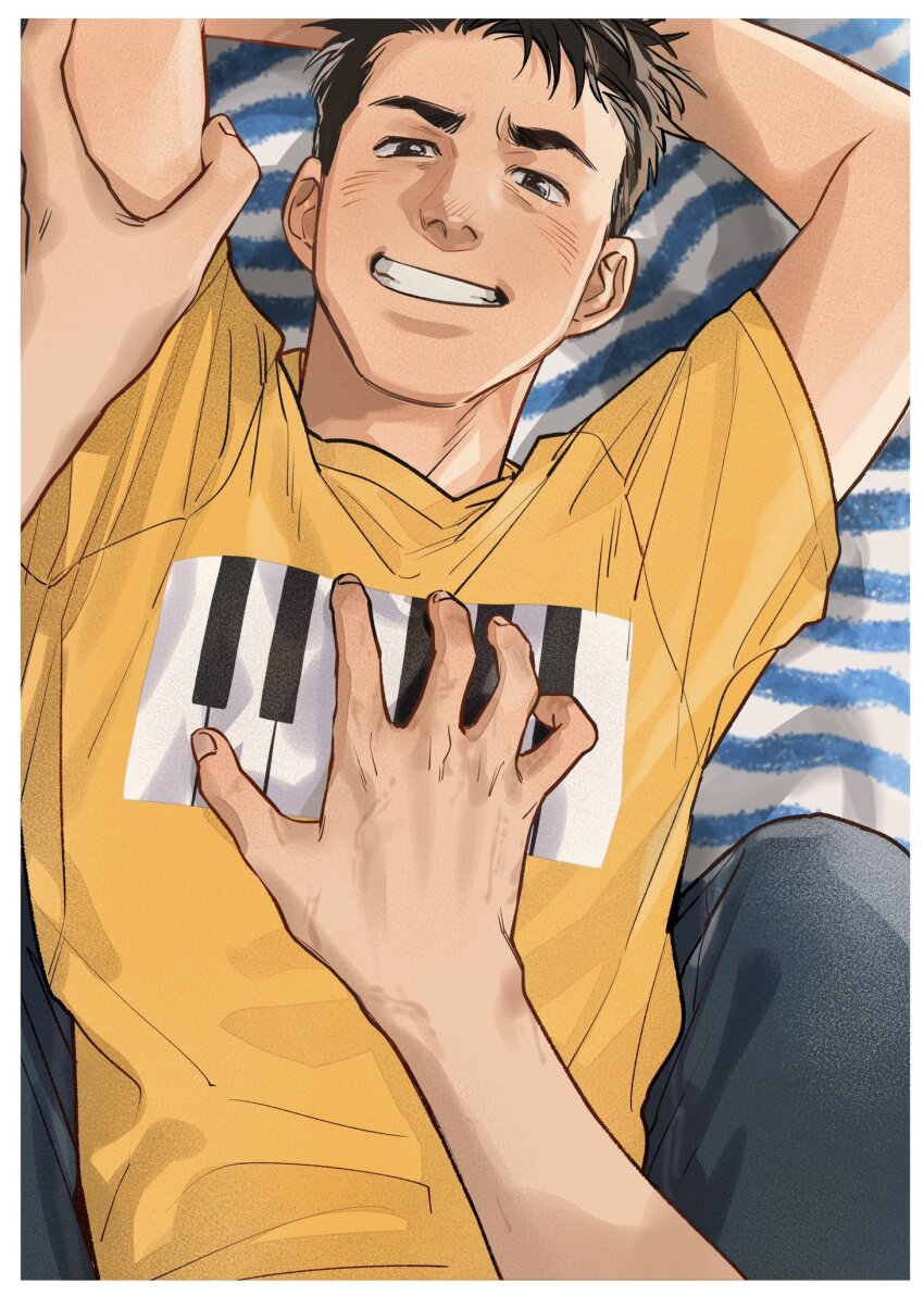 2boys, black_hair, border, brown_eyes, grin, hand_on_another's_chest, highres, light_blush, looking_at_viewer, male_focus, multiple_boys, original, piano_print, pov, shirt, short_hair, short_sleeves, smile, sorewakaru0001, teeth, upper_body, white_border, yaoi, yellow_shirt
