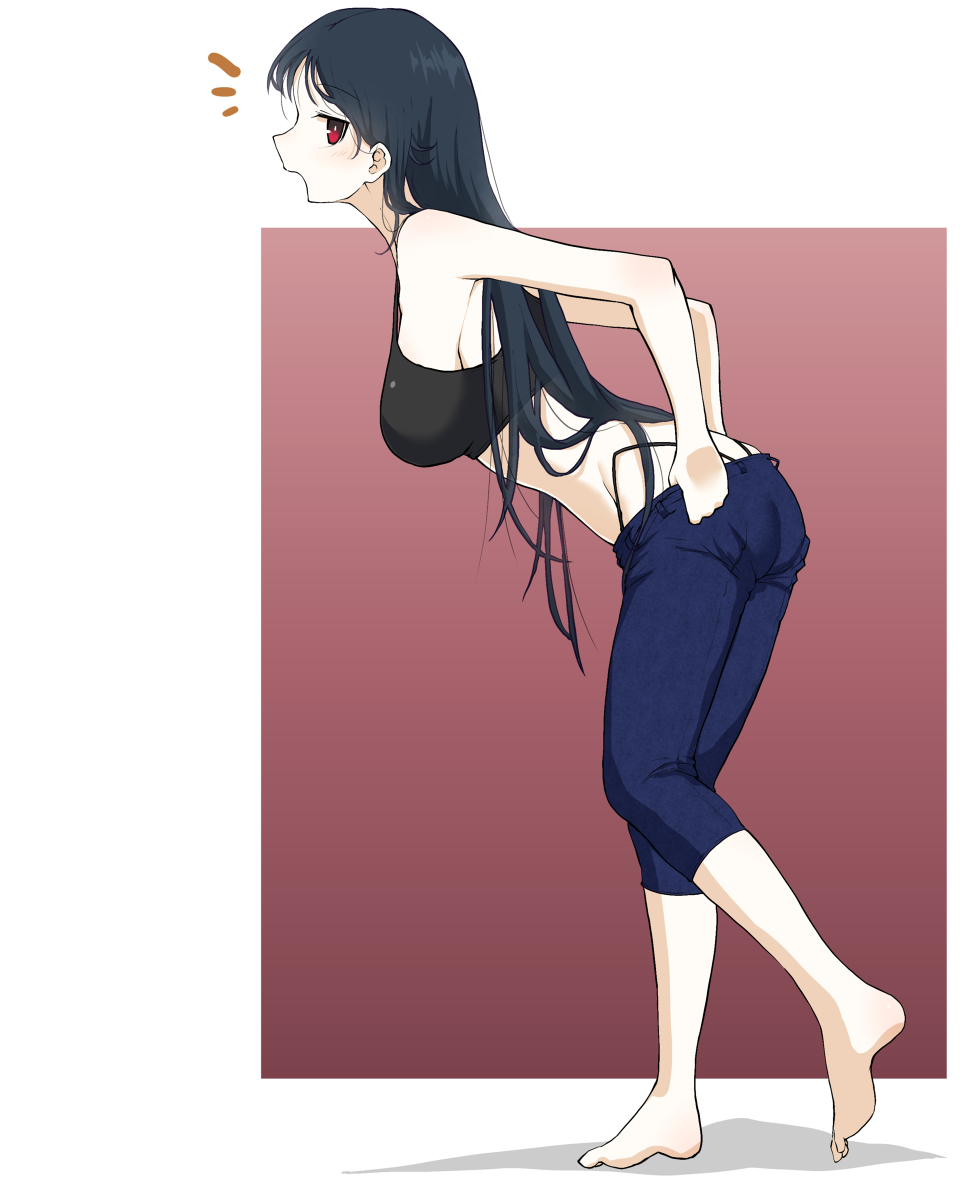 1girl, barefoot, black_bra, blue_hair, bra, breasts, denim, dressing