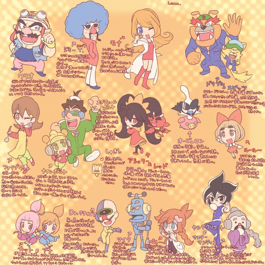 18-volt, 5-volt, 6+boys, 6+girls, 9-volt, alien, ana_(warioware), apron, artist_name, ashley_(warioware), black_hair, blue_eyes, blue_hair, blue_jumpsuit, bow, braid, brown_eyes, brown_hair, coat, demon, demon_horns, demon_tail, demon_wings, double_bun, dr._crygor, dress, dribble_(warioware), facial_hair, fronk, furry, furry_male, hair_bow, hair_bun, hair_ornament, heart, heart_ornament, helmet, highres, horns, jacket, jimmy_t, jumpsuit, kat_(warioware), lab_coat, lmn3h, low_twin_braids, lulu_(warioware), master_mantis, mike_(warioware), mona_(warioware), motorcycle_helmet, multiple_boys, multiple_girls, mustache, nintendo, one_eye_closed, orange_hair, orbulon, pants, penny_crygor, pink_hair, pink_pants, red_(warioware), red_bow, red_dress, red_eyes, red_footwear, red_jacket, robot, spitz, sunglasses, tail, tinted_eyewear, twin_braids, twintails, wario, wario_(warioware), warioware, white_coat, white_pants, wings, yellow_apron, young_cricket