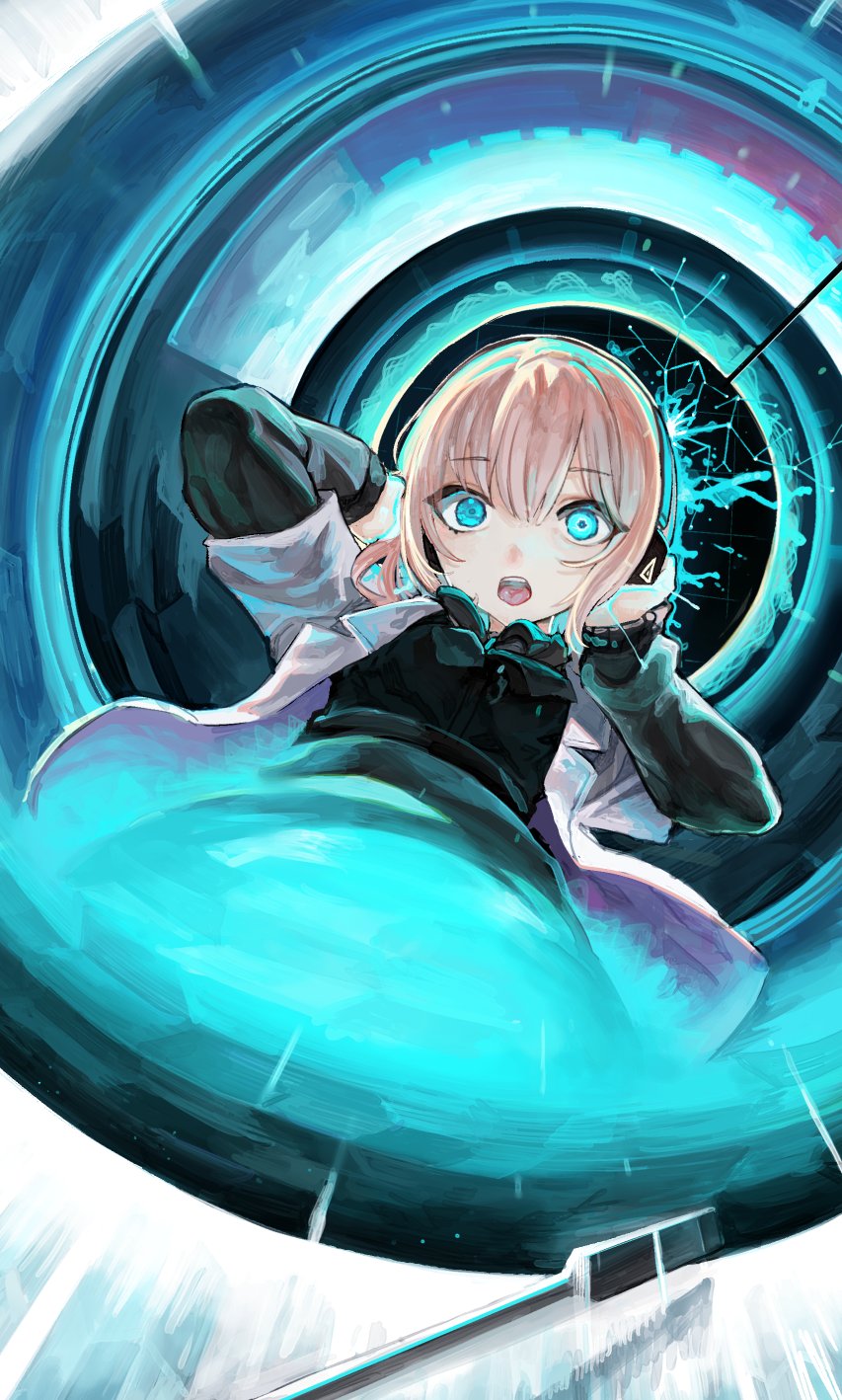 1girl, alternate_costume, alternate_hair_color, black_ribbon, black_shirt, blue_background, blue_eyes, brown_hair