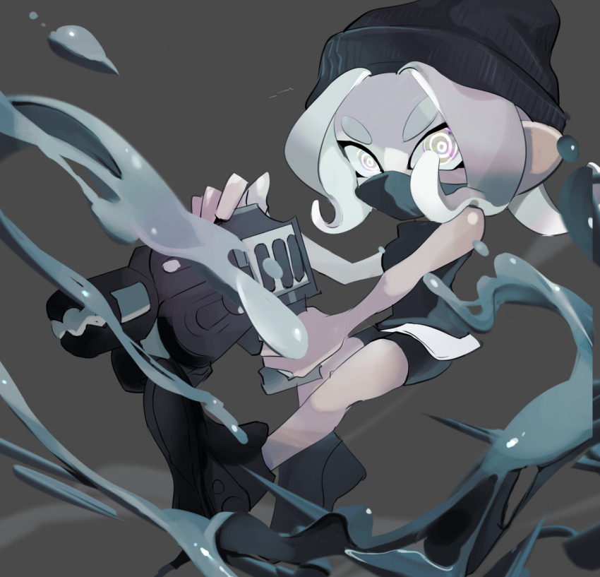 1girl, bare_arms, bare_shoulders, beanie, bike_shorts, black_hat, black_shirt, black_shoes, black_shorts, grey_background, grey_eyes, grey_hair, hat, holding, koike3582, long_hair, mask, mouth_mask, nintendo, octoling, octoling_girl, octoling_player_character, rapid_blaster_(splatoon), ringed_eyes, shirt, shoes, shorts, sleeveless, sleeveless_shirt, solo, splatoon_(series), tentacle_hair