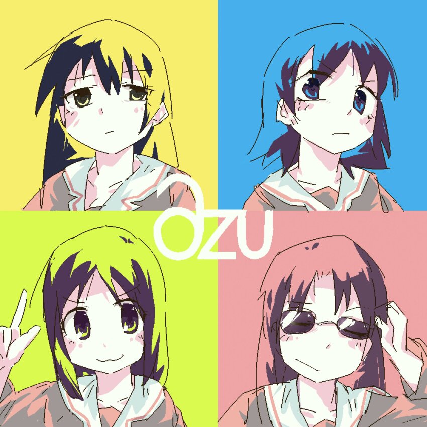 4girls, :3, adjusting_eyewear, album_cover, album_cover_redraw, azumanga_daioh's_school_uniform, azumanga_daiou, black_hair, blue_eyes, blur_(band), closed_eyes, closed_mouth, collarbone, copyright_name, cover, derivative_work, expressionless, glasses, hand_up, highres, jitome, kasuga_ayumu, long_hair, mizuhara_koyomi, multiple_girls, parody, sakaki_(azumanga_daioh), school_uniform, short_hair, suikatabetaiii, takino_tomo, tinted_eyewear, upper_body, v, yellow_eyes