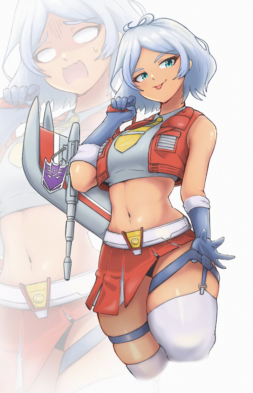 1girl, absurdres, blue_eyes, blue_gloves, cosplay, cropped_shirt, cropped_vest, dark-skinned_female, dark_skin, gloves, grey_hair, grey_shirt, gundam, gundam_suisei_no_majo, highres, kotobukiya_bishoujo, midriff, navel, necktie, open_mouth, parted_bangs, red_vest, secelia_dote, shirt, short_hair, skindentation, sleeveless, sleeveless_shirt, smile, solo_focus, starscream, starscream_(kotobukiya_bishoujo), starscream_(kotobukiya_bishoujo)_(cosplay), thigh_strap, thighhighs, tongue, tongue_out, transformers, uncleduk, vest, white_thighhighs, yellow_necktie