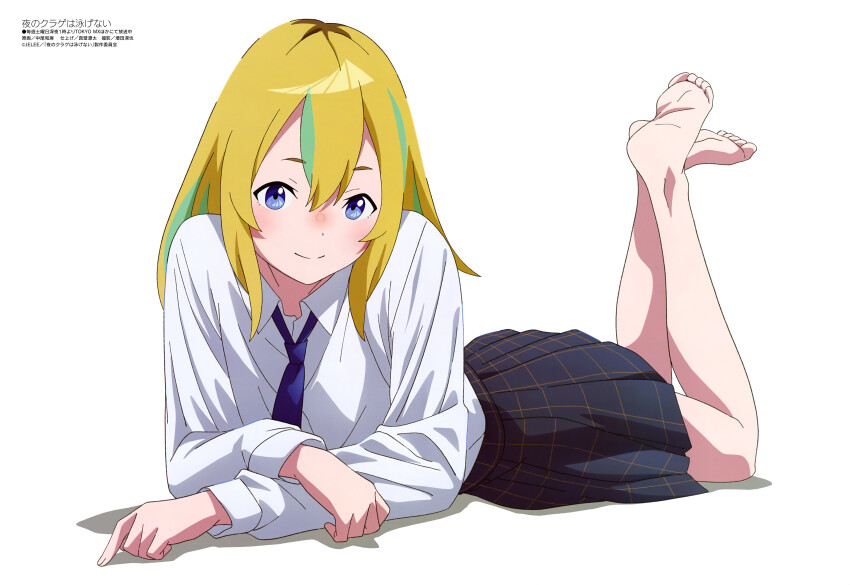 1girl, absurdres, barefoot, black_skirt, blonde_hair, blue_eyes, blue_necktie, blush