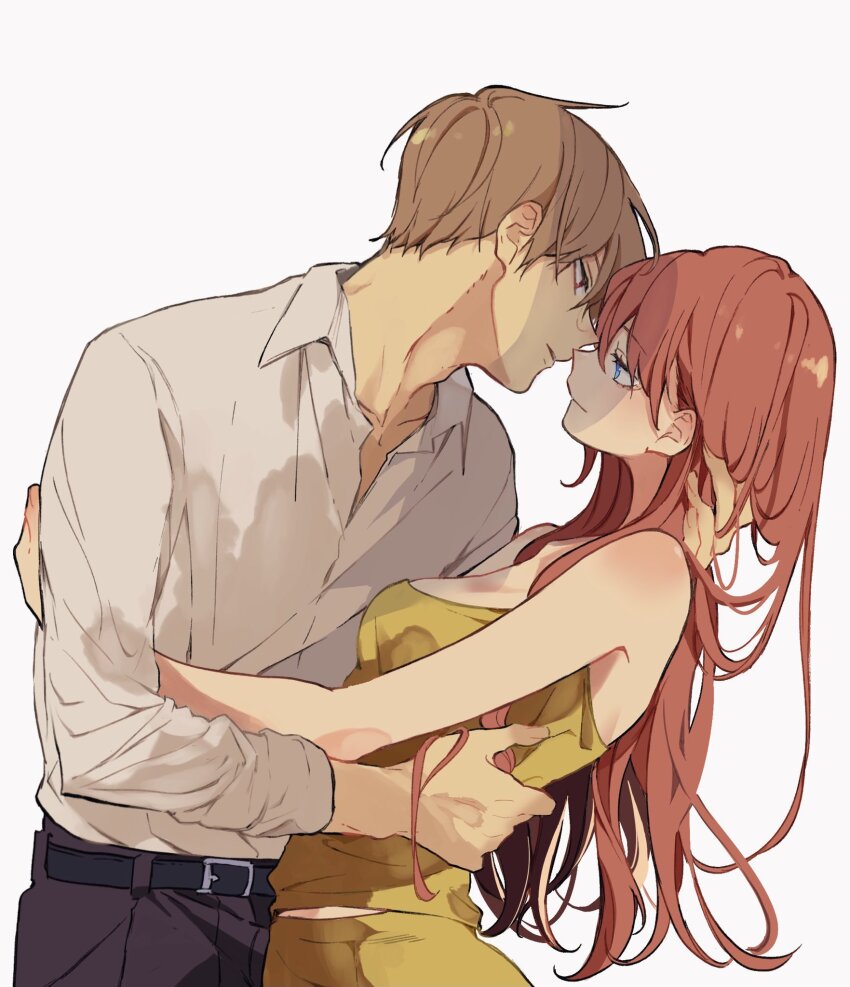 1boy, 1girl, belt, black_pants, blue_eyes, gintama, hatsune_touko, hetero, highres, hug, imminent_kiss, kagura_(gintama), looking_at_another, okita_sougo, pants, red_hair, shirt, white_shirt