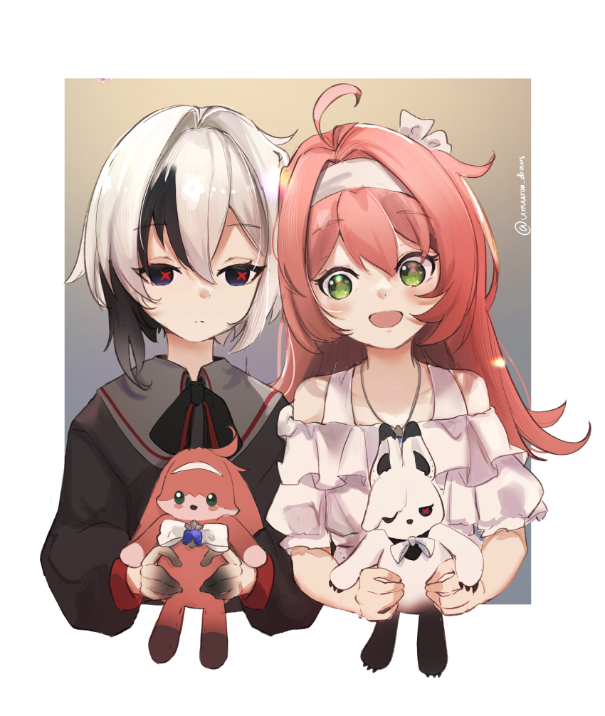 2girls, :d, absurdres, aged_down, ahoge, arlecchino_(genshin_impact), black_bow, black_bowtie, black_eyes, border, bow, bowtie, brown_jacket, character_doll, child, clervie_(genshin_impact), colored_skin, commentary, cross-shaped_pupils, doll, dress, english_commentary, expressionless, genshin_impact, gradient_background, gradient_skin, green_eyes, hair_intakes, hairband, highres, holding, holding_stuffed_toy, jacket, jewelry, long_hair, multicolored_hair, multicolored_skin, multiple_girls, off-shoulder_dress, off_shoulder, open_mouth, outside_border, pendant, peruere_(genshin_impact), pink_hair, red_pupils, short_hair, side-by-side, signature, simple_background, smile, streaked_hair, stuffed_animal, stuffed_rabbit, stuffed_toy, symbol-shaped_pupils, twitter_username, two-tone_hair, two-tone_skin, umuroo_draws, upper_body, white_border, white_dress, white_hair, white_hairband