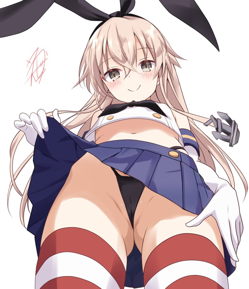 1girl, absurdres, anchor_hair_ornament, black_hairband, black_neckerchief, black_panties, blonde_hair, blue_skirt, cameltoe, crop_top, eijirou02, elbow_gloves, from_below, gloves, grey_eyes, hair_ornament, hairband, highleg, highleg_panties, highres, holding_own_skirt, kantai_collection, long_hair, microskirt, miniskirt, neckerchief, panties, pleated_skirt, shimakaze_(kancolle), shirt, signature, simple_background, skirt, sleeveless, sleeveless_shirt, smile, solo, striped_clothes, striped_thighhighs, thighhighs, thong, underwear, white_background, white_gloves