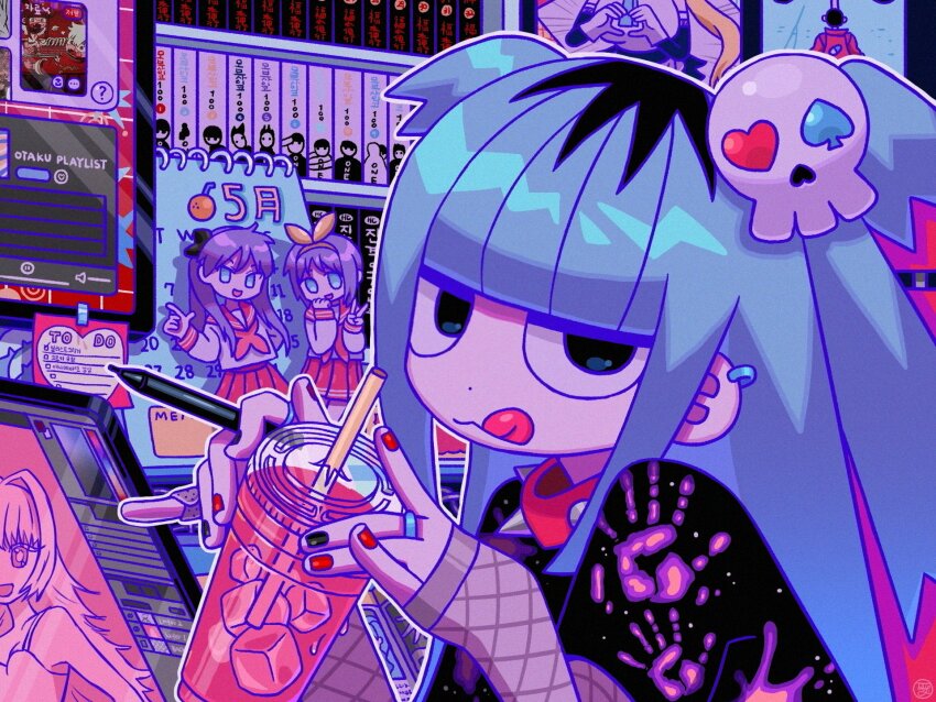 1girl, :d, bandaid, bandaid_on_hand, black_eyes, black_hair, black_nails, black_shirt, blue_hair, blunt_bangs, calendar_(object), character_doll, collar, cup, doll, dot_nose, drawing_tablet, drinking_straw, earrings, hair_ornament, highres, hiiragi_kagami, hiiragi_tsukasa, holding, holding_cup, holding_stylus, jewelry, list, long_hair, looking_at_viewer, lucky_star, manga_(object), monitor, multicolored_hair, neon_palette, open_mouth, original, outline, poster_(object), print_shirt, ramdaram, red_collar, red_nails, shirt, short_twintails, skull_hair_ornament, smile, solo, spiked_collar, spikes, spotify, star_(symbol), streaked_hair, stylus, tongue, tongue_out, twintails, white_outline