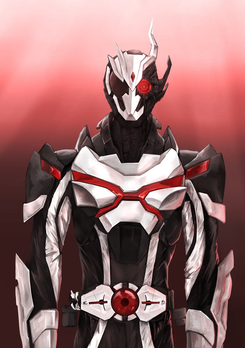1boy, antennae, ark_driver, armor, asymmetrical_horns, belt, black_bodysuit, bodysuit