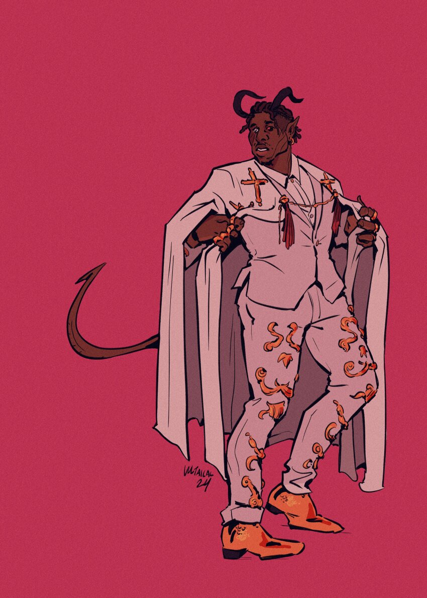 1boy, absurdres, baldur's_gate, baldur's_gate_3, bara, black_eyes, coat, cross-laced_clothes, dark-skinned_male, dark_skin, demon_horns, earrings, facial_hair, goatee_stubble, gold_earrings, gold_footwear, heterochromia, highres, horns, jewelry, male_focus, multiple_rings, muscular, muscular_male, outfit_reference, pants, pointy_ears, red_background, red_pupils, ring, shaved_head, shirt, stubble, tied_locs, versace_(met_gala), voltaical, white_coat, white_pants, white_shirt, wyll_(baldur's_gate)