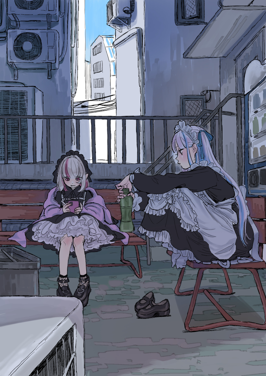 2girls, :3, apron, between_fingers, black_dress, black_hairband, blue_hair, blue_ribbon