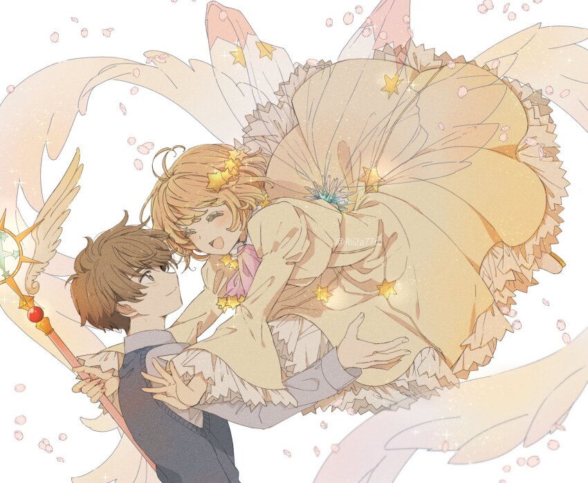 1boy, 1girl, bad_id, bad_twitter_id, brown_eyes, brown_hair, cardcaptor_sakura, cardcaptor_sakura_clear_card_arc