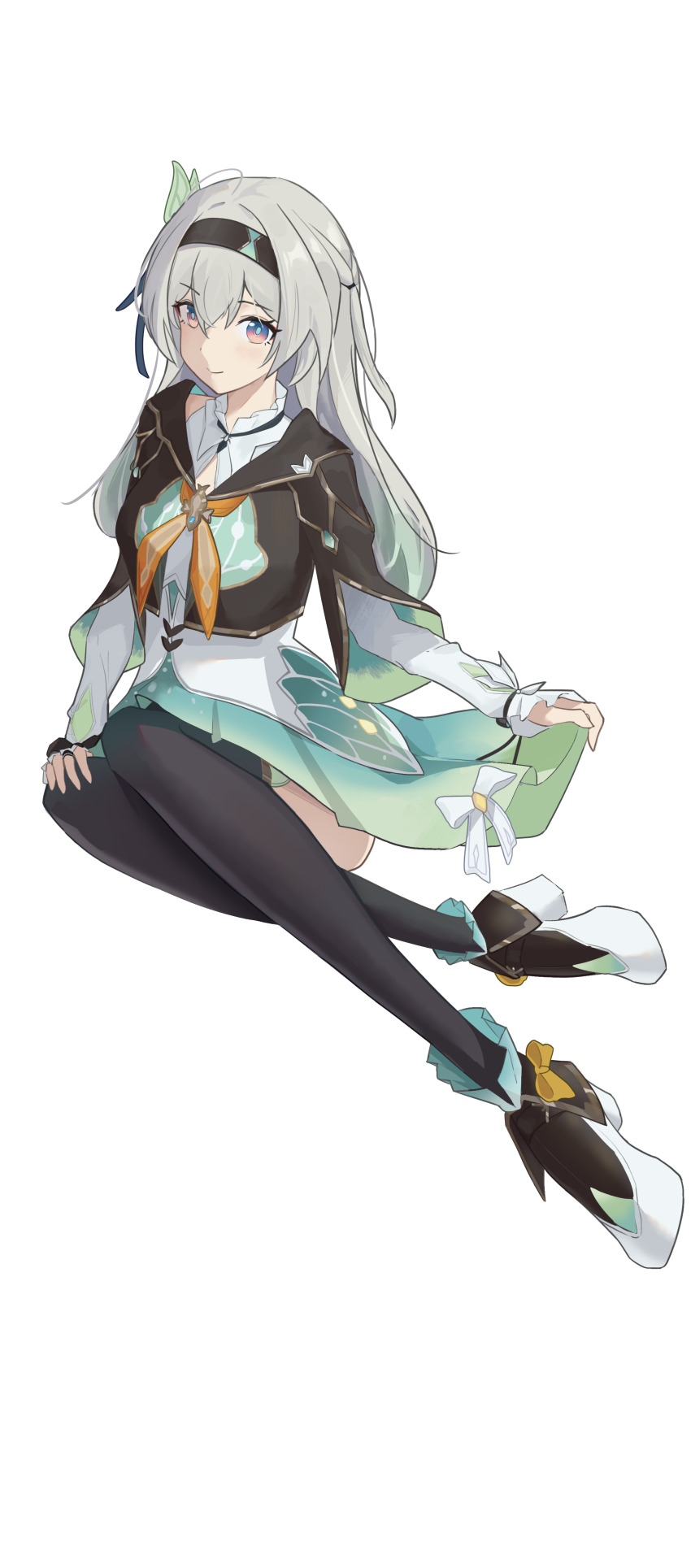 1girl, absurdres, aqua_skirt, black_hairband, black_jacket, black_thighhighs, commentary_request, firefly_(honkai:_star_rail)