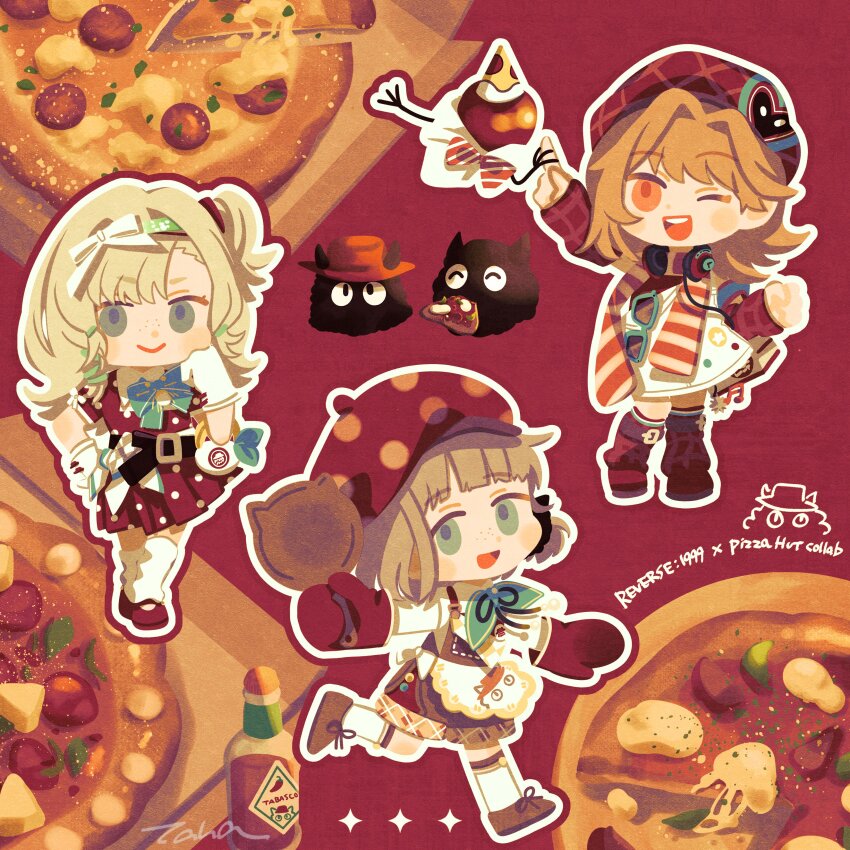 1boy, 2girls, ;d, absurdres, apple, apple_(reverse:1999), apron, aqua_eyes