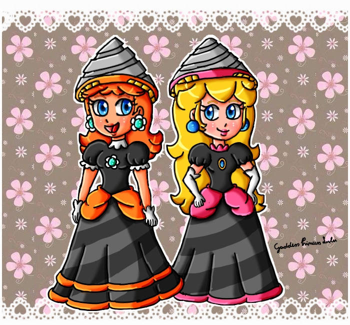 2girls, black_dress, blue_eyes, brooch, dress, drill, drill_daisy, drill_peach, earrings, flower_earrings, full_body, gloves, grin, jewelry, mario_(series), multiple_girls, nintendo, power-up, princess_daisy, princess_peach, smile, standing, super_mario_bros._wonder