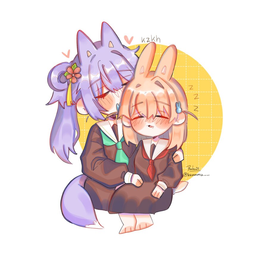 2girls, animal_ears, artist_name, baboomasu, blush, cerise_bouquet, circle, commentary