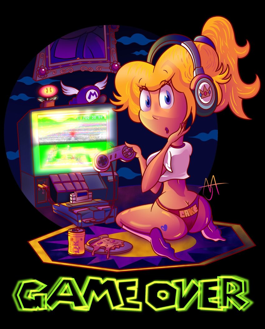 1girl, ass, blonde_hair, blue_eyes, breasts, butt_crack, controller, crown