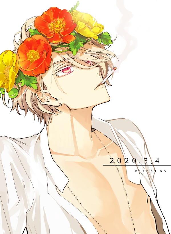 1boy, bare_pectorals, bishounen, blonde_hair, character_request, cigarette, collarbone, collared_shirt, commentary, commentary_request, copyright_request, dated, english_commentary, flower, flower_request, hair_between_eyes, head_wreath, hinohara_meguru, jewelry, looking_ahead, looking_up, male_focus, open_clothes, open_shirt, orange_flower, pectorals, pendant, pink_eyes, shirt, short_hair, short_sleeves, simple_background, smoke, smoking, solo, upper_body, white_background, white_shirt, yellow_flower