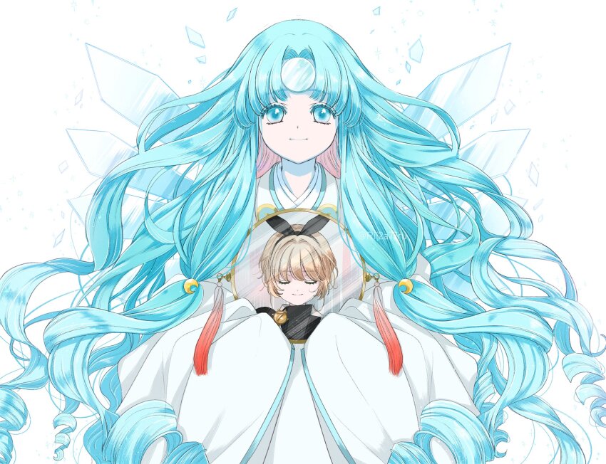 2girls, bad_id, bad_twitter_id, blue_eyes, blue_hair, brown_hair, cardcaptor_sakura, closed_eyes