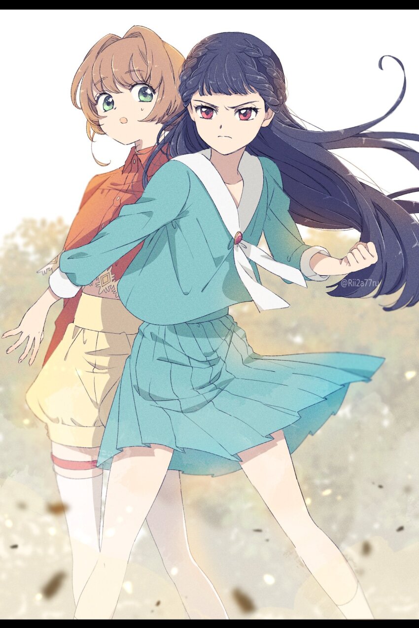 2girls, bad_id, bad_twitter_id, black_hair, braid, brown_hair, cardcaptor_sakura, clenched_hand