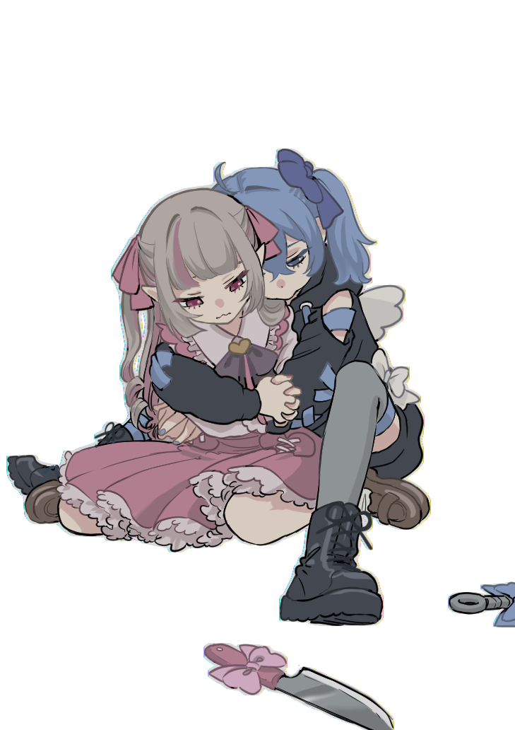 2girls, ahoge, alternate_costume, between_legs, black_footwear, black_hoodie, black_shorts, blue_bow