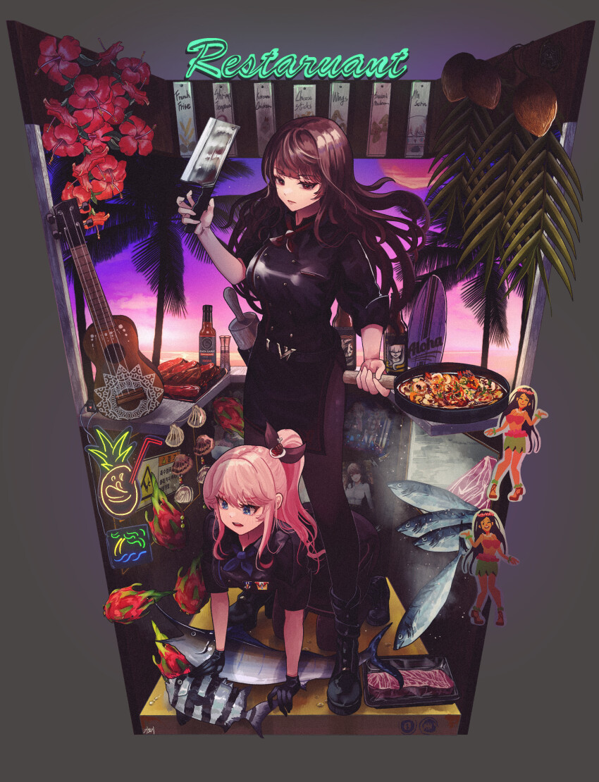 2girls, absurdres, all_fours, belt, black_belt, black_dress, black_footwear, black_gloves