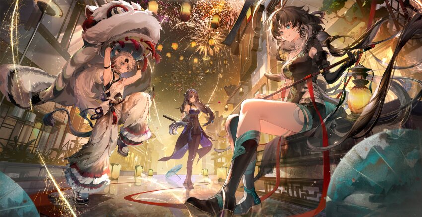 1boy, 2girls, absurdres, ahoge, animal_ears, architecture, armlet, armpit_cutout, armpits, bare_shoulders, belt, beret, black_dress, black_footwear, black_gloves, black_pantyhose, black_shorts, black_sleeves, black_socks, blue_eyes, blue_hat, boots, bow, breasts, brown_hair, chinese_commentary, chinese_new_year, cleavage, closed_mouth, clothing_cutout, commentary_request, dragon_hat, dragon_print, dress, east_asian_architecture, elbow_gloves, eyelashes, fingerless_gloves, fireworks, full_body, fur_pants, gloves, gold_bow, grin, hat, hat_bow, highres, holding, holding_pole, holding_unworn_clothes, holding_unworn_hat, inoriac, jewelry, jianxin_(wuthering_waves), kneehighs, knees, lantern, large_breasts, leg_up, lingyang_(wuthering_waves), long_hair, looking_at_viewer, low_twintails, monkey_ears, monkey_tail, multiple_girls, night, on_railing, outdoors, pants, pantyhose, pole, purple_eyes, railing, shirt, shoes, short_shorts, shorts, side_slit, sitting, sleeveless, sleeveless_dress, sleeveless_shirt, smile, socks, spaghetti_strap, tail, twintails, two-sided_dress, two-sided_fabric, unworn_hat, unworn_headwear, very_long_hair, white_belt, white_hat, white_pants, white_shirt, wuthering_waves, yangyang_(wuthering_waves), yellow_boots