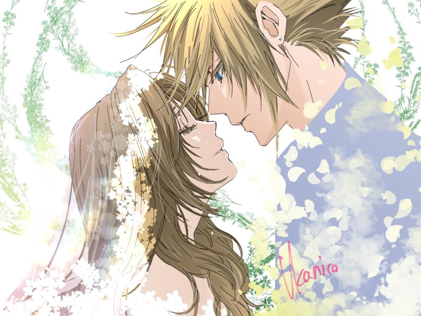 1boy, 1girl, aerith_gainsborough, artist_name, blonde_hair, blue_eyes, bridal_veil, bride