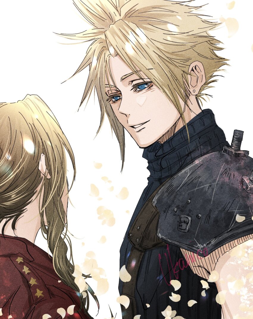 1boy, 1girl, aerith_gainsborough, armor, blonde_hair, blue_eyes, blue_shirt, brown_hair