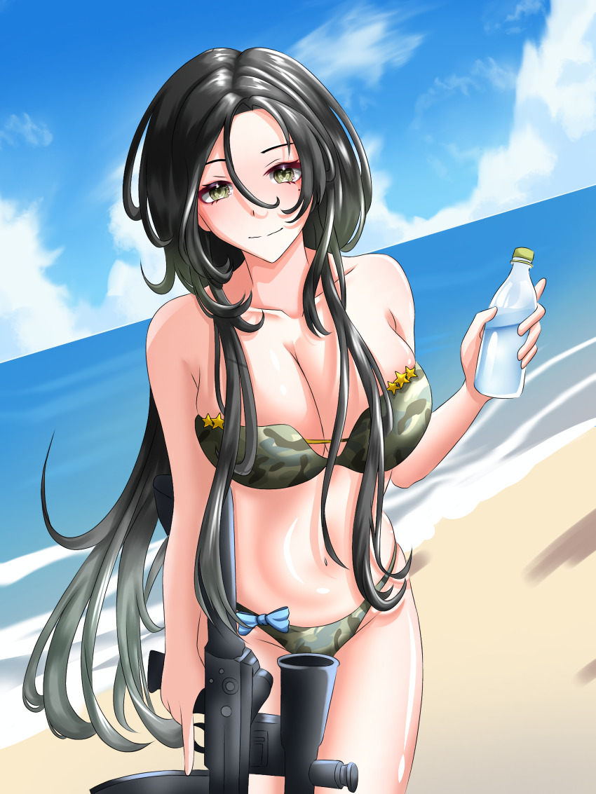 absurdres, ahomushi994, assault_rifle, bikini, black_hair, breasts, girls'_frontline, green_bikini