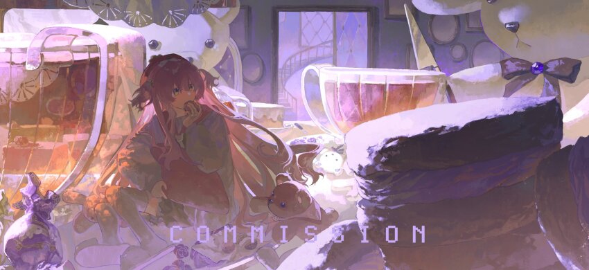 1girl, black_bloomers, bloomers, cake, collared_dress, commentary, commission, cookie