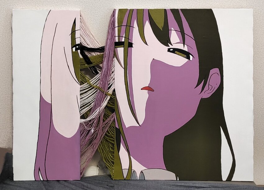 1girl, close-up, collared_shirt, dot_nose, green_eyes, half-closed_eyes, highres, inverted_colors